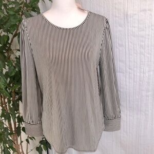 ANN TAYLOR size LP black & white thin stripes dress business long sleeve top NWT